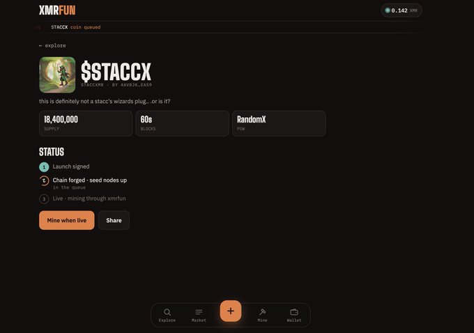 Screenshot of the XMRFUN website showing a memecoin called '$STACCX' with a supply of 18,400,000, 60s blocks, and a 'RandomX' PoW status.