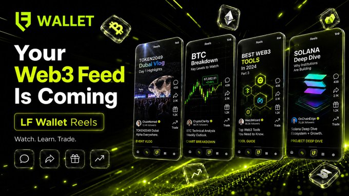 A promotional graphic for LF Wallet announces "Your Web3 Feed Is Coming" with the tagline "LF Wallet Reels - Watch. Learn. Trade." The image showcases four smartphone screens displaying crypto content including TOKEN2049 Dubai Alpha news, BTC price charts at $63,883.07, "Best Web3 Tools in 2024," and a "Solana Deep Dive" featuring $SOL, directly tying to the post's vision of building LF Wallet as a daily Web3 hub beyond just storage (#LFWallet $LWT).