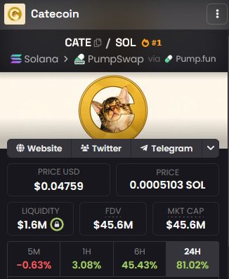 The image shows a CATEcoin (CATE/SOL) token page on Solana via PumpSwap, with a market cap of $45.6M and a 24-hour price surge of +81.02%. The post celebrates a massive gain after having urged followers not to fade (bet against) the call, with the sharp 24H and 6H increases (+81.02% and +45.43%) visible in the image serving as proof of the pump.