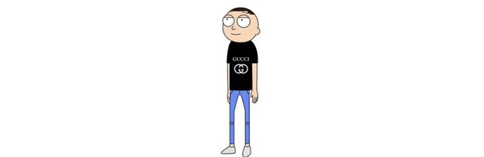 A cartoon character resembling a Rick and Morty-style figure wears a black "GUCCI" t-shirt featuring the brand's logo, standing against a plain white background. The character appears to tie into the $MORTY meme coin theme referenced in the post, suggesting the token is leveraging the popular animated series' cultural relevance for early attention.