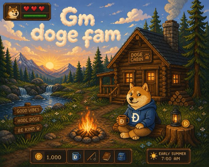 A pixel-art style game scene titled 'Gm doge fam' showing a Shiba Inu dog in a Doge Cabin by a campfire at 7:00 AM early summer, with 1,000 coins displayed.