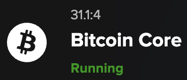 The image shows a Bitcoin Core node status indicator displaying version 31.1:4 with a "Running" status in green, alongside the Bitcoin "₿" logo, confirming that the Bitcoin Core software is actively operational.