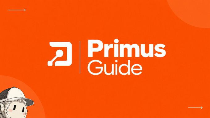 An orange title card displays the white “Primus Guide” logo, decorative arrows, circular accents, and a small cartoon character in the lower-left corner.
