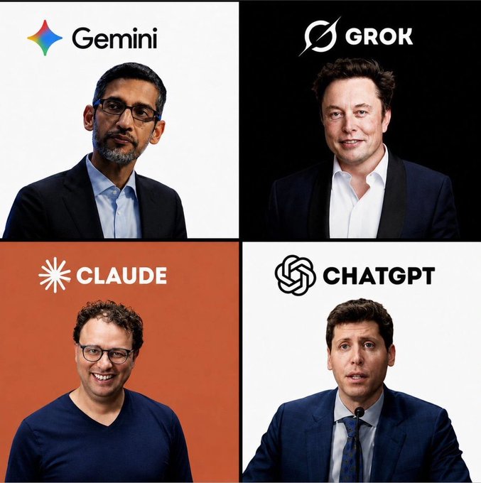 A four-panel composite showing tech CEOs alongside their AI company logos: Sundar Pichai (Gemini), Elon Musk (Grok), Dario Amodei (Claude), and Sam Altman (ChatGPT).