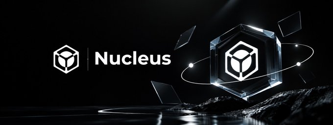 A sleek promotional banner for "Nucleus" displaying a glowing hexagonal logo with orbiting rings and floating glass shards against a dark background.