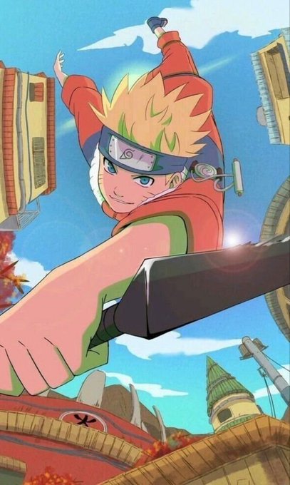 An anime-style character with spiky blonde hair and a red headband wields a large sword amid a vibrant village backdrop with swirling architecture. The post references "Good morning fam" and pushing "$SCBK," likely invoking the image's energetic, forward-thrusting pose as a motivational metaphor for bullish momentum on the stock ticker.