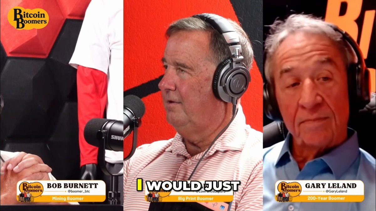The image shows three different photos of a man wearing headphones with the caption "I would just say Larry said it. On camera. With the math. $1M bitcoin by 2032. Price has followed a power law since inception with 94% accuracy. And right now? Trading below the model' s fair value." The first photo is on the left side of the image, and the second photo is in the middle, while the third photo is on the right side.