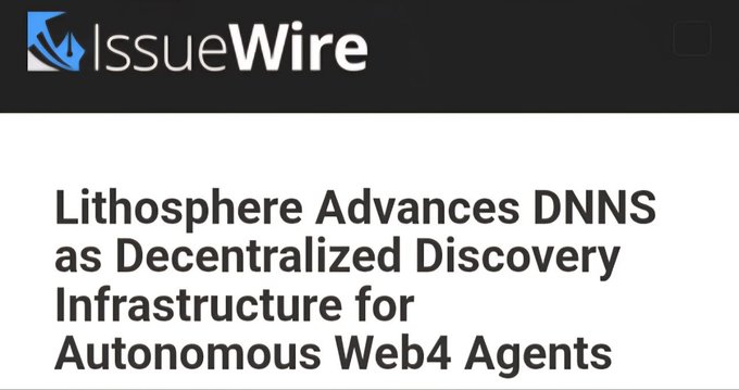 An 'IssueWire' press release header with the headline 'Lithosphere Advances DNNS as Decentralized Discovery Infrastructure for Autonomous Web4 Agents'.