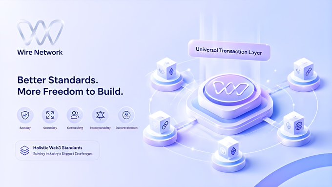 Promotional graphic for 'Wire Network' with tagline 'Better Standards. More Freedom to Build.' featuring icons for Security, Scalability, Onboarding, Interoperability, and Decentralization, alongside a 3D illustration of a Universal Transaction Layer with interconnected nodes.