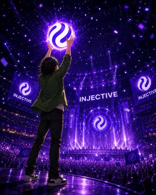 A digital illustration shows a person holding up a glowing purple orb bearing the 'INJECTIVE' logo on a stage before a massive crowd at a stadium illuminated in purple.