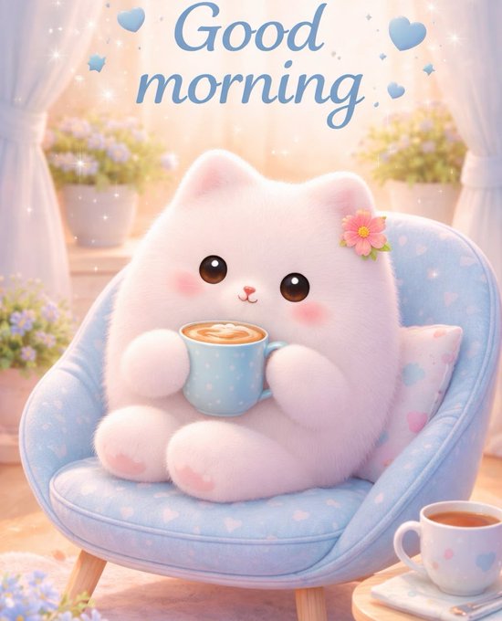 A cute fluffy white cat holding a cup of coffee while sitting in a pastel blue chair, with 'Good morning' written above in a soft aesthetic style.