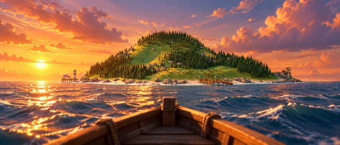A scenic digital artwork or rendering showing a boat sailing toward a lush green island with forested hills at sunset, featuring dramatic orange and pink clouds in the sky.