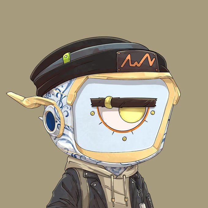An anime-style illustration of a robotic character with a black beanie, glowing yellow eye, and detailed mechanical faceplate with blue patterns.