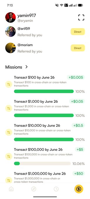 A mobile screenshot from the Moove app showing user "yamin917" with two referrals (@arif59 and @moriam) and a Missions section listing tiered transaction goals—$100, $1,000, $10,000, $100,000, and $1,000,000 by June 26—with rewards ranging from $0.005 to $500, and progress bars showing 100% completion on the first three tiers and 10.06% on the $100,000 tier, visually supporting the post's claim of generating close to $100K in trading volume.