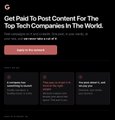 A dark-themed webpage reads, “Get Paid to Post Content For The Top Tech Companies In The World,” with a red “SIGN IN TO EARN MONEY” button and feature cards below. The “money is huge here” caption highlights the site’s promise of earning substantial income by posting sponsored tech content.