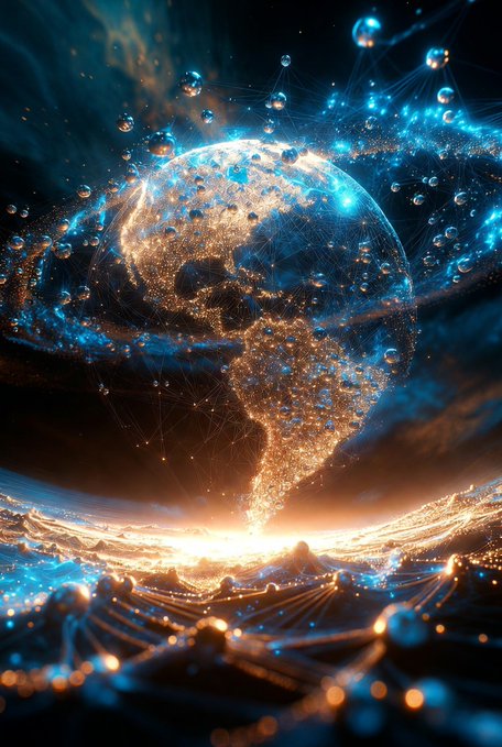 A digital artwork showing a glowing, illuminated Earth globe covered in blue network nodes and connections, surrounded by floating spheres, set above a dark, networked landscape.