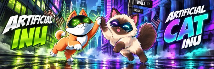 The image shows two cartoon meme mascots posing together in a neon-lit cyberpunk cityscape: a Shiba Inu dog in green sunglasses labeled "ARTIFICIAL INU" high-fiving a fluffy cat in sunglasses labeled "ARTIFICIAL CAT INU," illustrating the playful "team-up" the post imagines between the two artificial meme tokens.