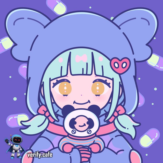 An anime-style illustration of a cute character with mint-green hair and a panda plushie, set against a purple background with pills, signed 'verify.cafe'.