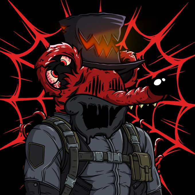 A dark horror illustration of a red-skinned monster character wearing a top hat with a jack-o'-lantern face, bloodshot eyes, and tactical gear against a black background with red vein-like patterns.