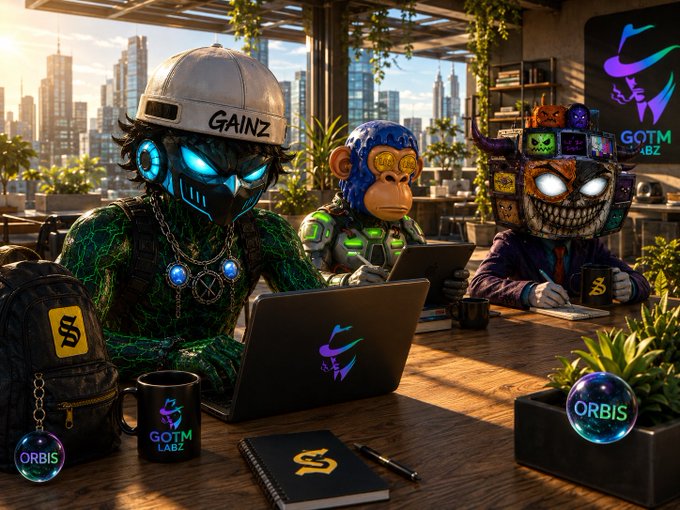 An AI-generated scene of three characters wearing NFT-based masks and cybernetic features working on laptops at a wooden desk, branded with 'GAINZ', 'GOTM LABZ', and 'ORBIS' logos.