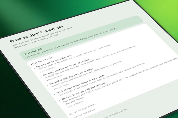 The image shows a digital verification page titled "Prove we didn't cheat you," with a checklist confirming a card transaction is sealed—displaying that the card was in the sealed pool, the queue position was formed without cheating, the seed was locked, all six proxies landed on-chain, and the root value matched the one published on-chain (27,687,023 on Thu, 8 Aug 2024, 16:07:55 UTC). This relates to the caption by showing the actual browser-based, on-chain proof users can run at sealedfi.app/verify to independently verify fairness rather than trusting the server.