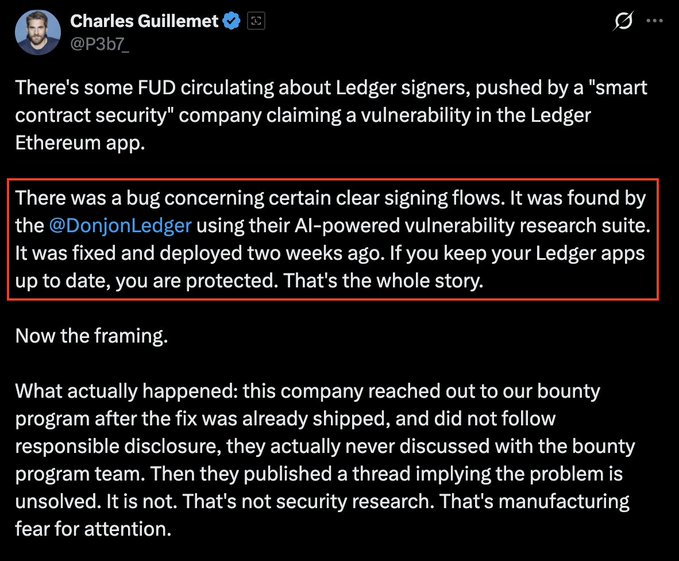 A tweet from Charles Guillemet (@P3b7_) addressing FUD about Ledger signers, with a highlighted section explaining that a bug in certain clear signing flows was discovered by @DonjonLedger using their AI-powered vulnerability research suite, fixed and deployed two weeks ago.
