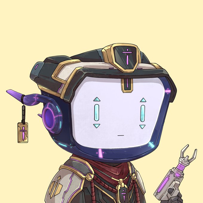A stylized cartoon robot character with a square white screen face displaying simple geometric eyes and mouth, wearing a black and gold helmet with purple accents, holding what appears to be a tool, set against a pale yellow background.