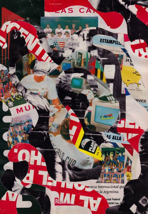A collage of torn paper and printed images in red, black, and white, featuring sports imagery, soccer players, and Spanish text fragments like "MUNDIAL" and "PASION".