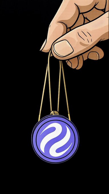 An illustrated hand holding a purple coin-like pendant with a white swirling symbol on a gold chain against a black background, representing the Sui cryptocurrency.