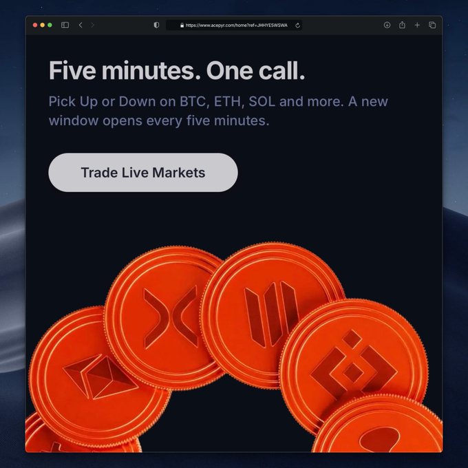 The image shows a web browser screenshot of the Acepyr homepage displaying the headline "Five minutes. One call." along with a "Trade Live Markets" button and orange cryptocurrency coins featuring BTC, ETH, SOL, and other crypto logos, promoting 5-minute binary trading options for Bitcoin, Ethereum, and Solana.