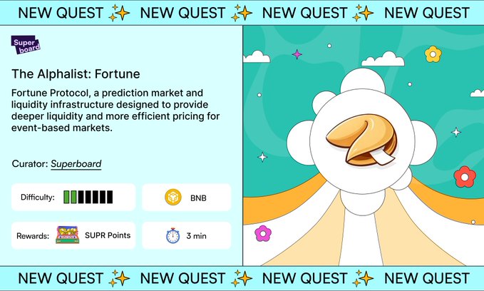 A 'NEW QUEST' banner for 'The Alphalist: Fortune' featuring Fortune Protocol, curated by 'Superboard', with BNB rewards and SUPR Points.
