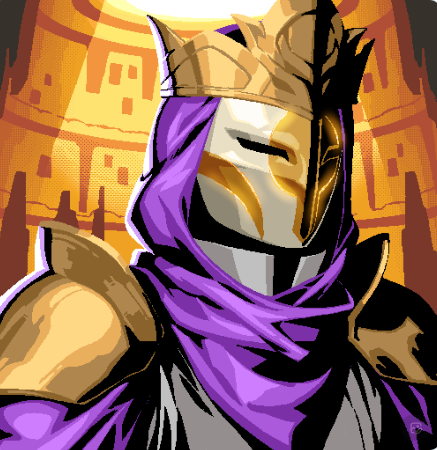 A stylized digital illustration of a fantasy character wearing an ornate golden and white mask with purple fabric, set against a warm orange background depicting a cityscape.
