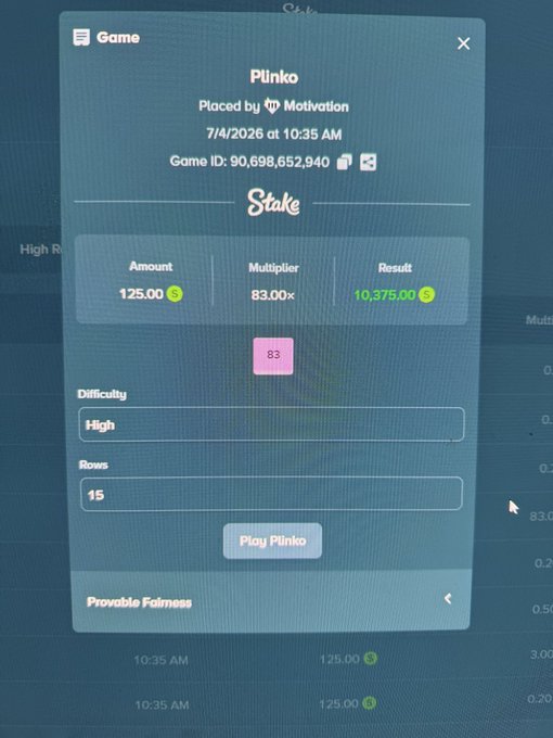A screenshot of a Plinko game on Stake showing a winning result of $10,375.00 from a $125.00 bet (83.00x multiplier), played on High difficulty with 15 rows on July 4, 2026. The image directly corresponds to the post's "$125 into $10,375" claim, visually confirming the impressive Plinko win being promoted on kick.com/motivation.