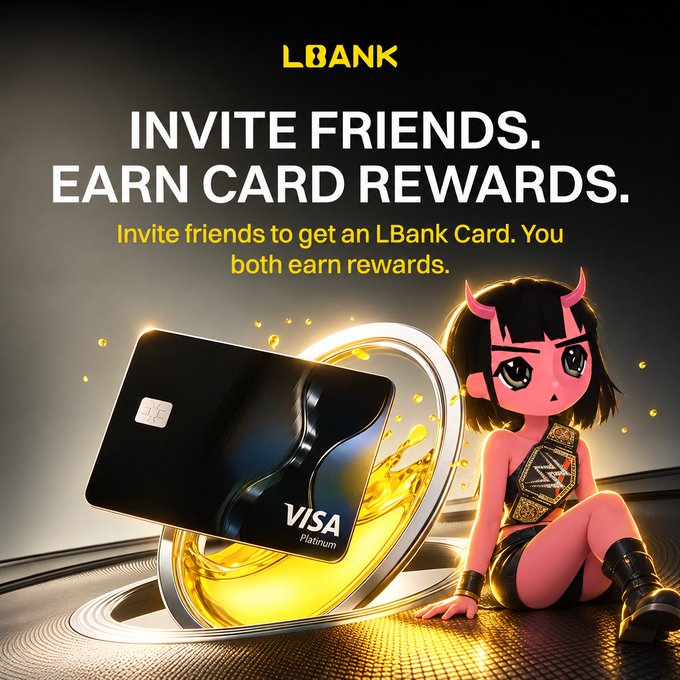 A promotional advertisement for LBANK reading "INVITE FRIENDS. EARN CARD REWARDS. Invite friends to get an LBank Card. You both earn rewards." featuring a Visa Platinum card and a pink devil character.