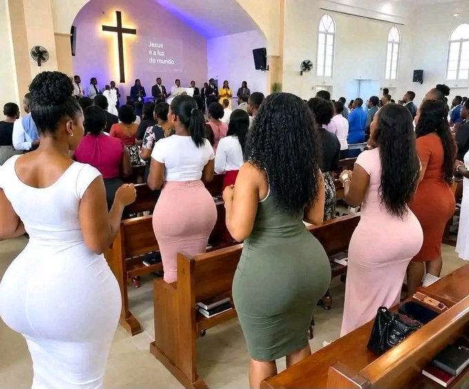 Several women in form-fitting dresses stand in pews during what appears to be a church service, with a glowing cross and Portuguese text 'Jesus é a luz do mundo' (Jesus is the light of the world) visible at the front.