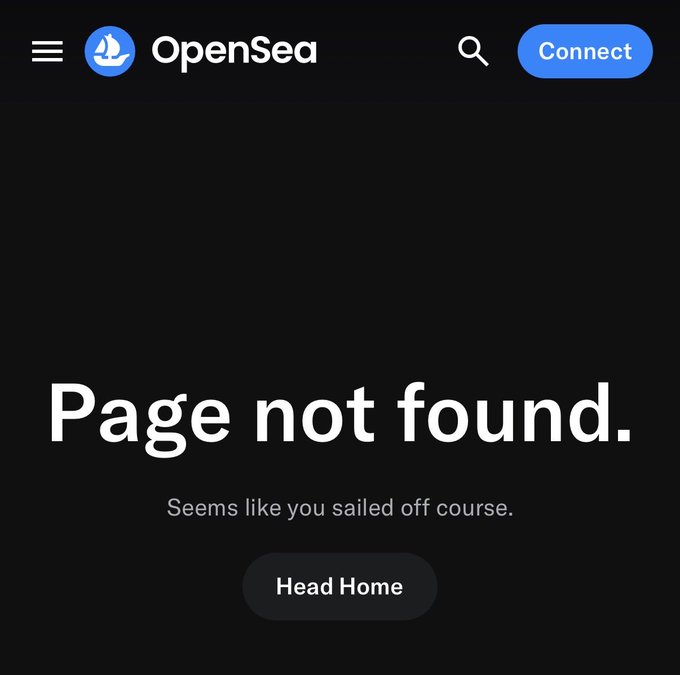 A screenshot of OpenSea's "Page not found" error, displaying the message "Seems like you sailed off course" with a "Head Home" button, illustrating the missing user profile linked in the accompanying post.