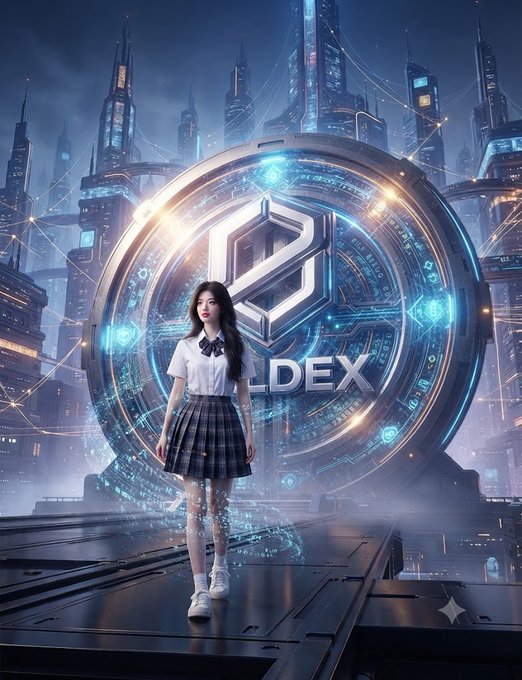 A young woman in a school uniform stands before a futuristic, glowing circular emblem displaying "DEX," with a towering cyberpunk cityscape rising behind her. The sci-fi setting visually reinforces the post's message about Beldex's vision of a private yet functional digital economy where users can transact seamlessly without sacrificing usability.