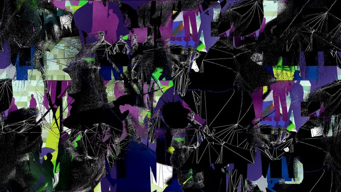 An abstract digital artwork featuring chaotic black shapes, white line networks, and splashes of purple, blue, and neon green.