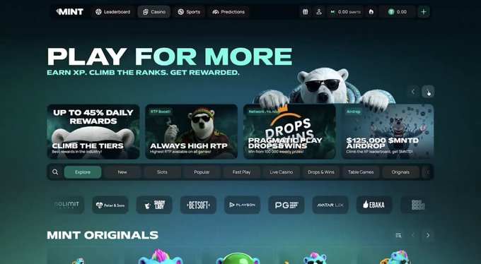 Screenshot of the MINT casino website homepage showing promotions including 'UP TO 45% DAILY REWARDS', 'ALWAYS HIGH RTP', and '$25,000 $MNTD AIRDROP'.