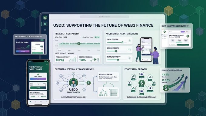 An infographic titled 'USDD: SUPPORTING THE FUTURE OF WEB3 FINANCE' detailing its reliability, stability, accessibility, decentralization, and ecosystem growth metrics.