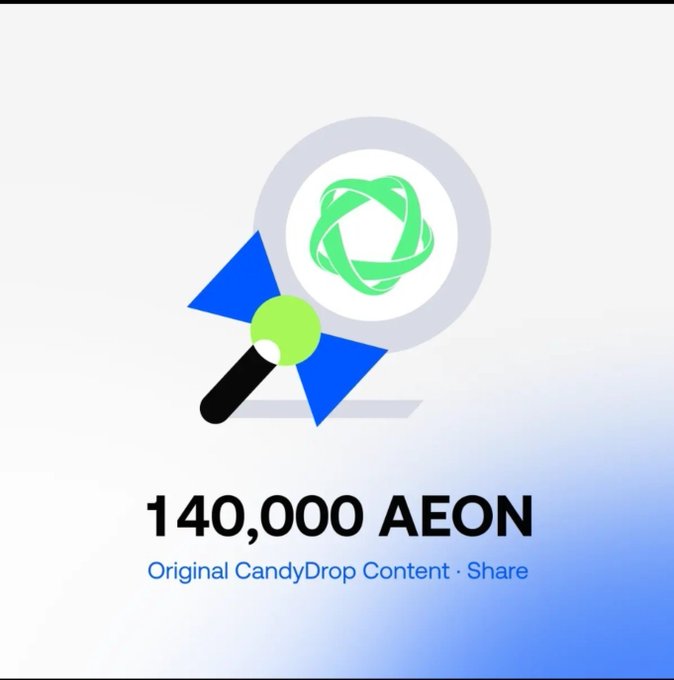 A promotional graphic featuring a magnifying glass over a green gem, displaying a reward of "140,000 AEON" for Gate.io's CandyDrop campaign, encouraging users to complete spot trades or invite tasks to claim free AEON tokens.