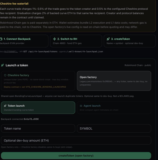A token launch interface on Robinhood Chain showing Cheshire factory (unique ticker, anti-snipe) versus open factory options, with inputs for token name, symbol, and optional dev-buy amount, plus a 'createToken (open factory)' button.