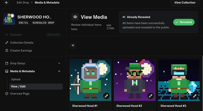 A digital interface showing 'SHERWOOD HOOD' NFT collection with three pixel-art character images revealed.