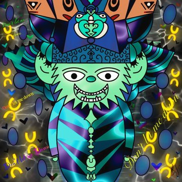 A vibrant, surreal digital artwork depicting a stylized green-faced character with striped clothing and elaborate headdress, surrounded by yellow symbols and decorative elements against a dark background.