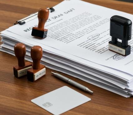 A stack of documents on a wooden desk with several rubber stamps, a pen, and a small white card, resembling an official registry office setting.