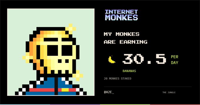 A pixelated graphic titled 'INTERNET MONKES' shows a skeleton monk character, stating 'MY MONKES ARE EARNING' with a banana icon and '30.5 PER DAY', noted as '20 MONKES STAKED' by '@A2E_' with the tagline 'THE JUNGLE'.