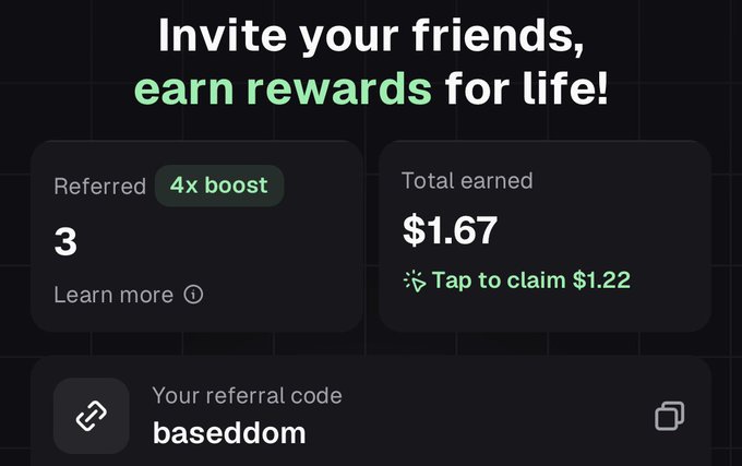 A referral program screen reads 'Invite your friends, earn rewards for life!' showing 3 referred, $1.67 total earned, and a referral code 'baseddom'.