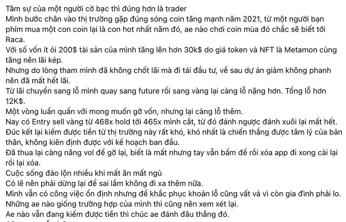 A Vietnamese text post reflecting on a trader's journey—starting with a friend's coin tip in 2021, growing to $30K before losing over $12K on tokens, NFTs, futures, and gold trading.