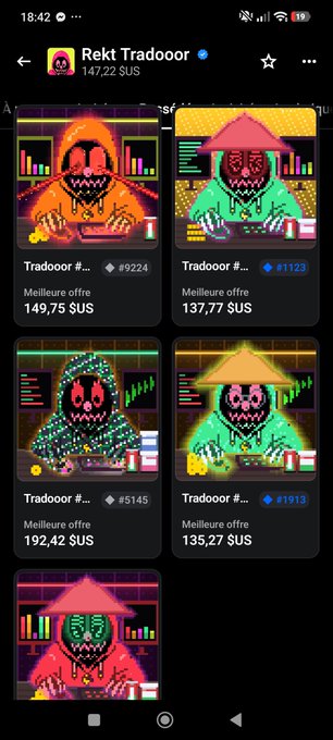 A mobile screenshot of the NFT collection 'Rekt Tradooor' (147.22 $US total) showing four pixel-art hooded figures with prices listed as 'Meilleure offre' (Best Offer) ranging from 135.27 $US to 192.42 $US.