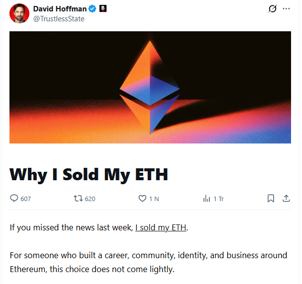 The image shows a post on social media where someone has sold all their Ether. The post includes a quote from David Hoffman about the thesis "ETH is money" and mentions that most of the value has been invested in apps, L2s, and stablecoins built on it. The post also discusses how Ethereum remains strong despite this concentration of value flow towards certain projects or applications.